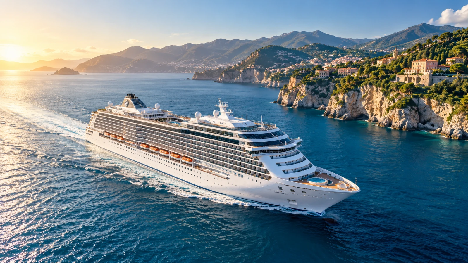 Illustrative cruise ship sailing across teal waters