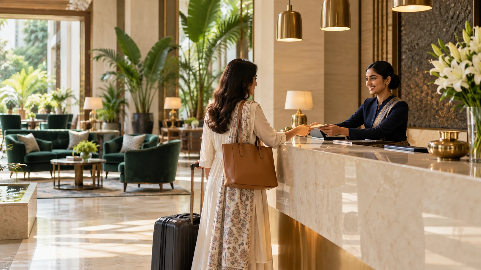 Illustrative luxury hotel reception and guest service