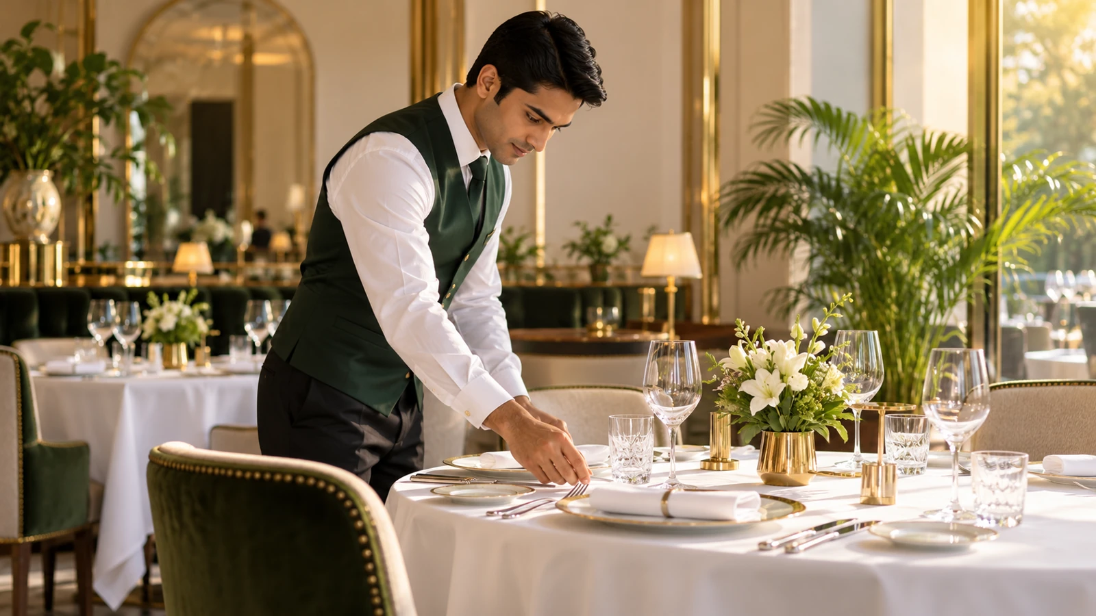 Illustrative hospitality trainee preparing a fine-dining table